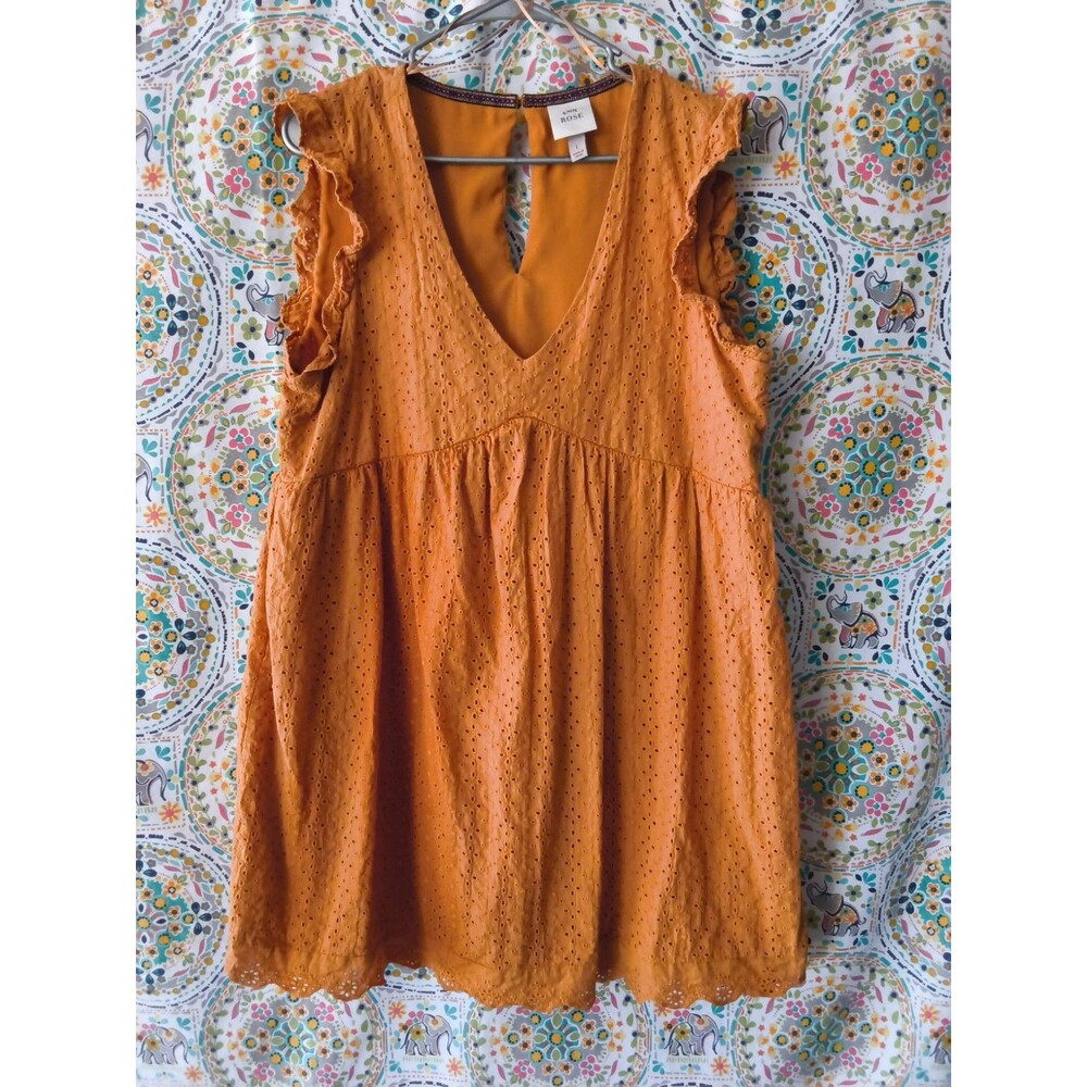 Knox Rose Dress Womens L Large Gold Yellow Ruffle Short Sleeve Eyelet A-Line